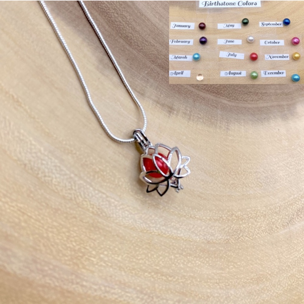 Lotus Pearl Cage Necklace, Pick A Birthstone Color